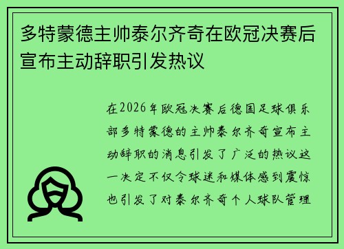 多特蒙德主帅泰尔齐奇在欧冠决赛后宣布主动辞职引发热议
